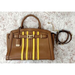 Michael Kors Large Karson Pebbled Leather Luggage Brown & Citrus Yellow Satchel